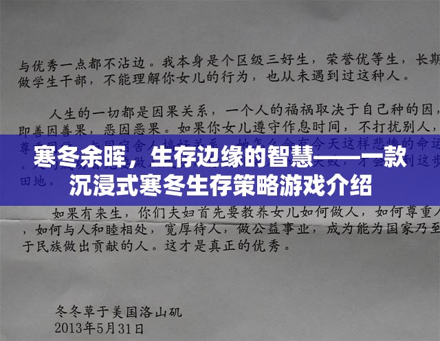 寒冬余暉，生存邊緣的智慧——一款沉浸式寒冬生存策略游戲