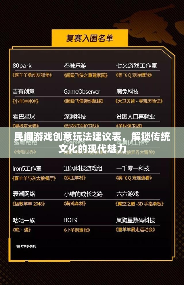 民間游戲創(chuàng)意玩法建議表，解鎖傳統(tǒng)文化的現(xiàn)代魅力